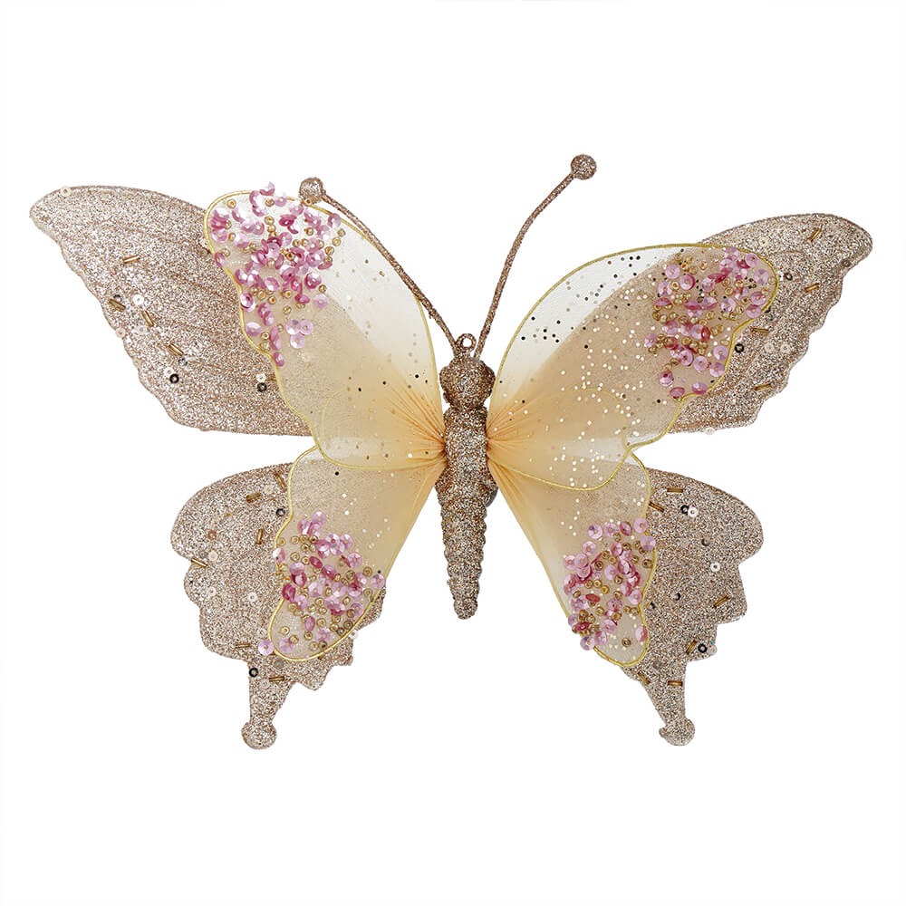 Gold & Pink Lace Butterfly Clip-On Ornament