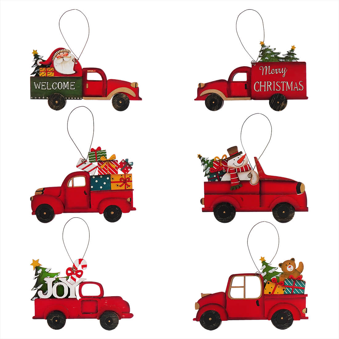 Plywood Red Truck Christmas Ornaments Set/6