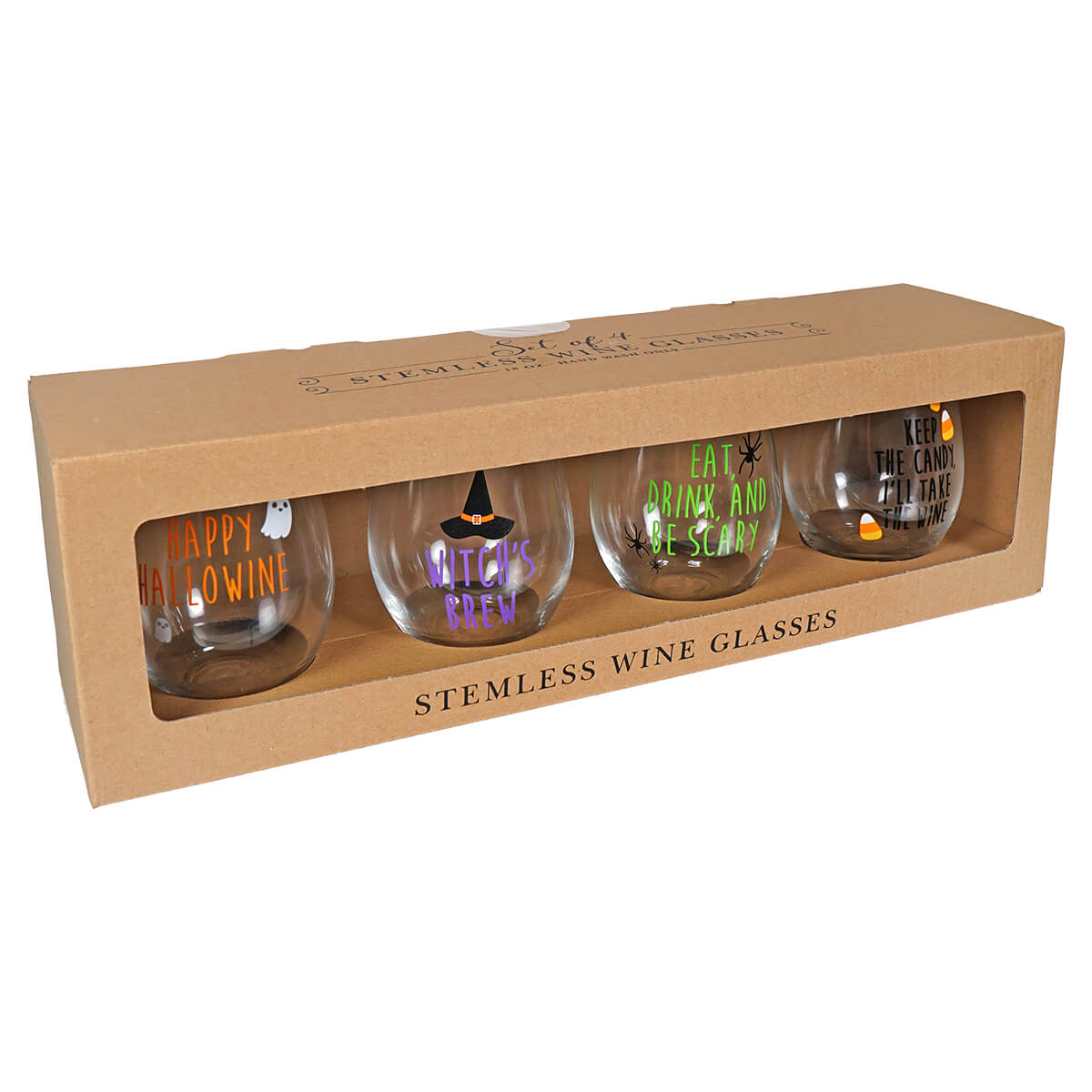 Transpac Witch's Brew Happy Hallowine 18 Ounce Glass Stemless Wine Glasses Set of 4, Multicolor