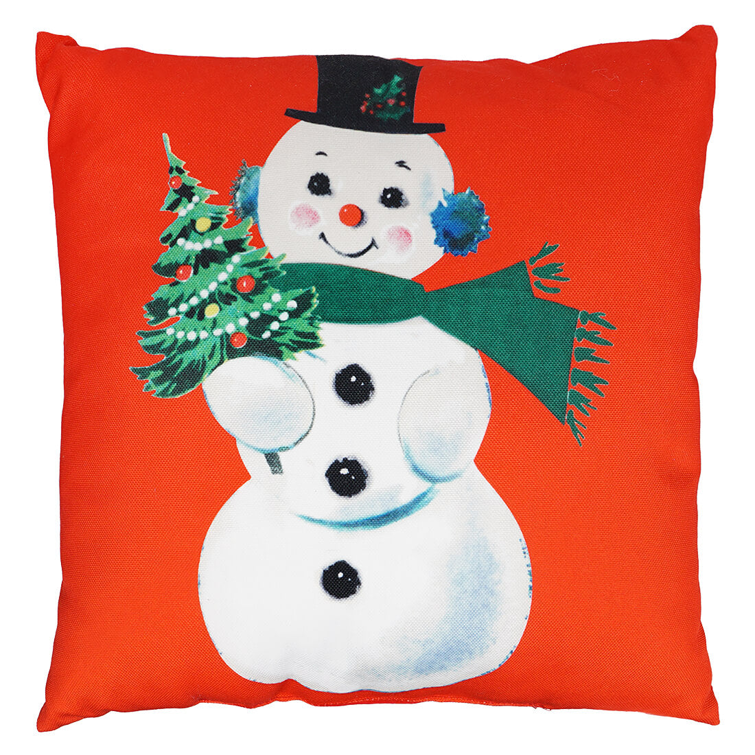 Red Traditional Snowman With Christmas Tree Printed Pillow
