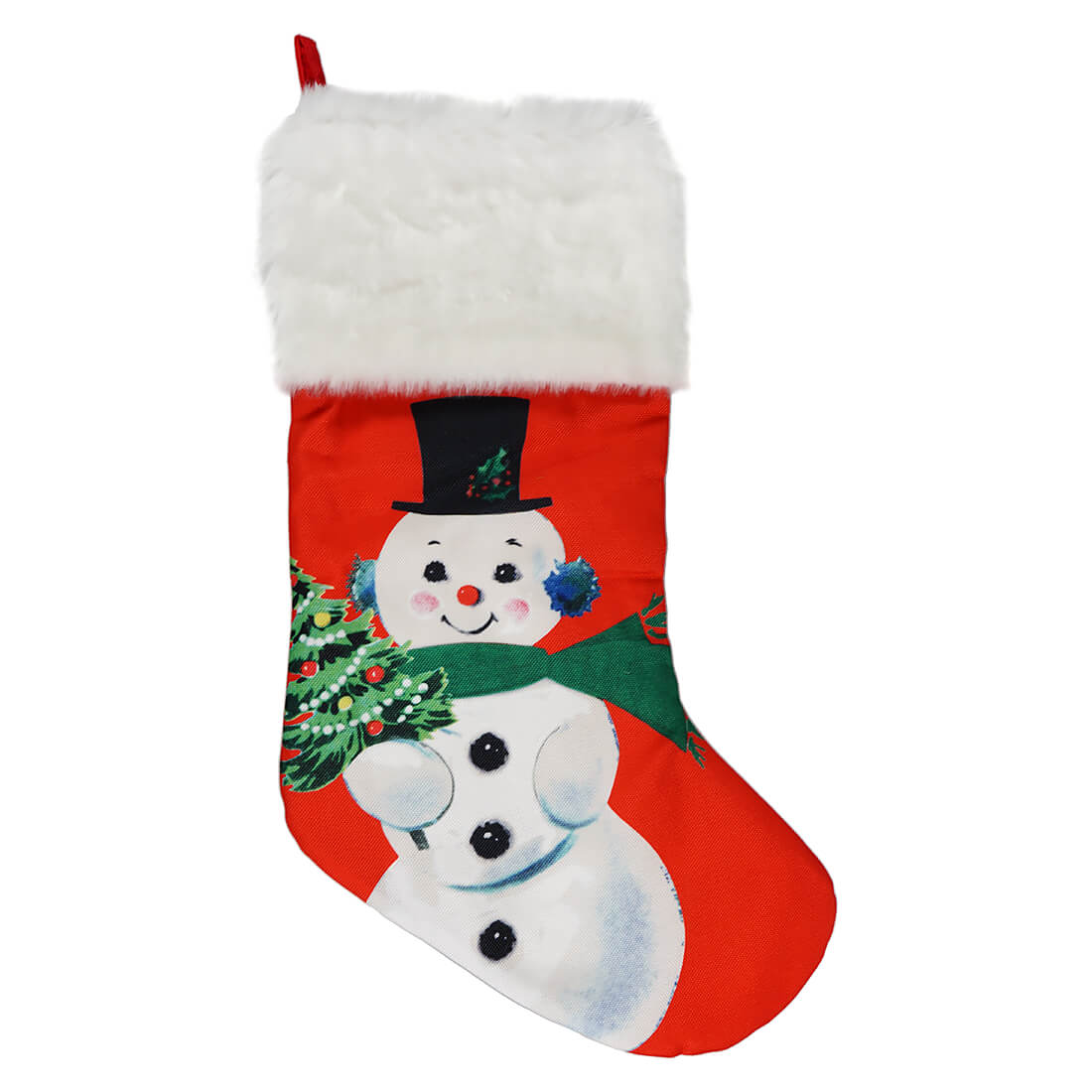 Red Traditional Snowman With Christmas Tree Printed Stocking