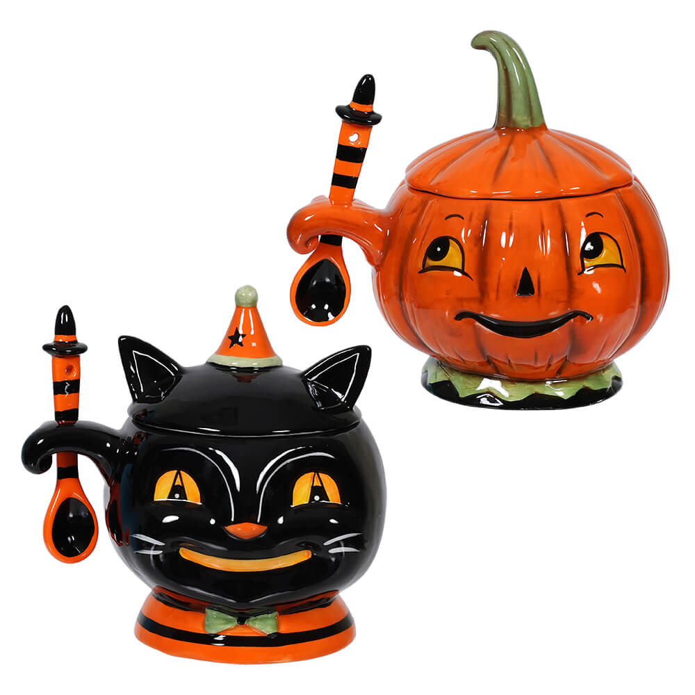 Spooky Halloween Pumpkin & Cat Bowls w/Spoons Set/2