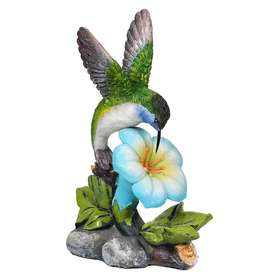 Green, Gray & Blue Hummingbird Feeding On Blue Flower