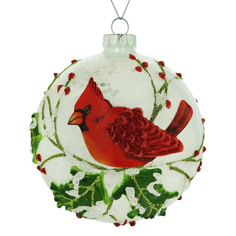 Cardinal on Holly Branch Frosted Glass Ornament