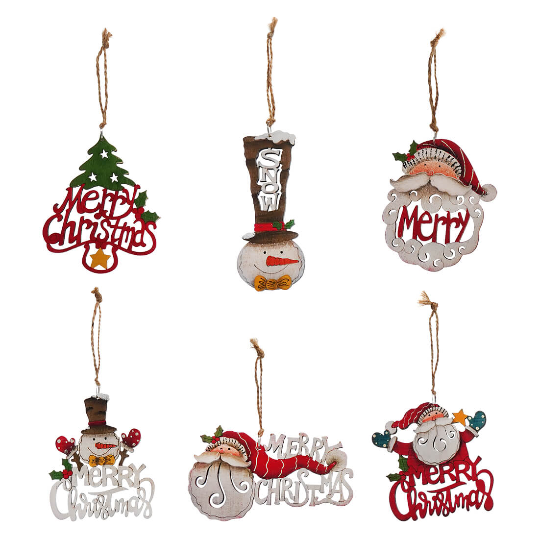 Plywood Snowman & Santa Christmas Ornaments Set/6