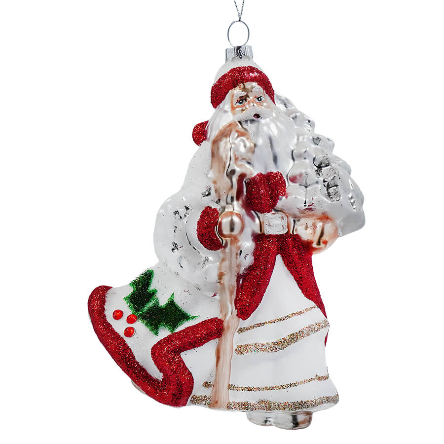 Beaded Glass Santa Holding Staff & Tree Ornament