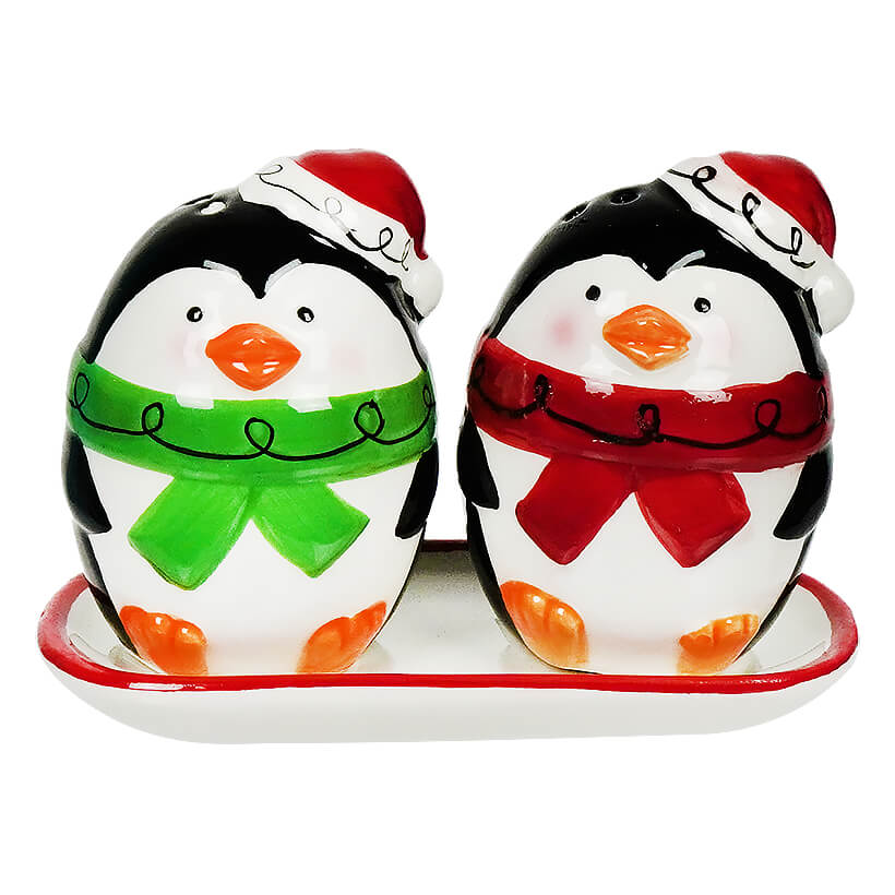 Jolly Penguins Salt & Pepper Shakers With Dish Set/3
