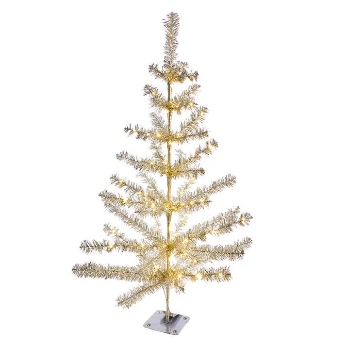 Battery Operated Lighted Silver Tinsel Tree on Metal Base