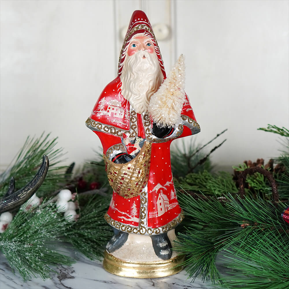 Red Father Christmas With Village Scene