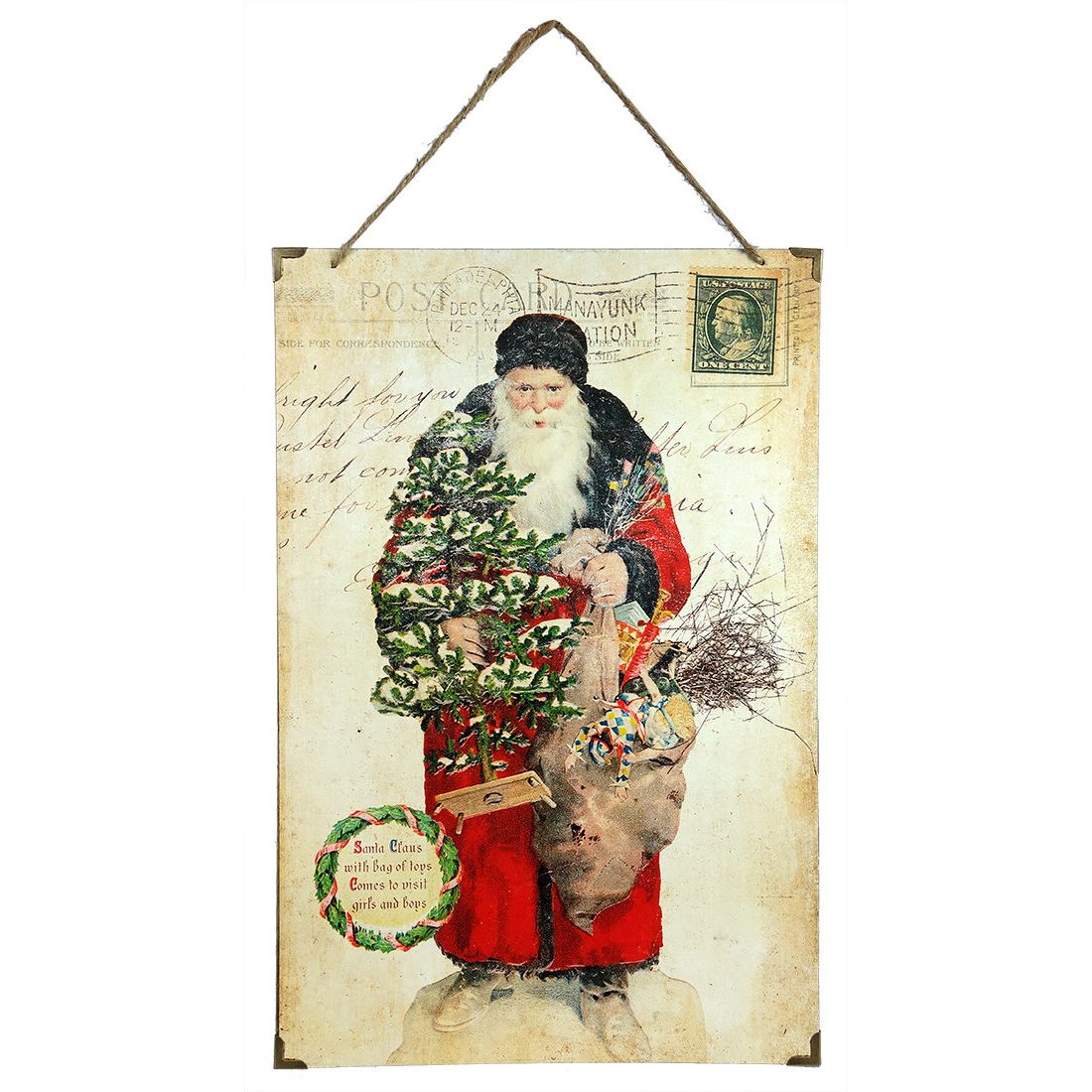 Vintage Postcard Santa with Tree Wall Art