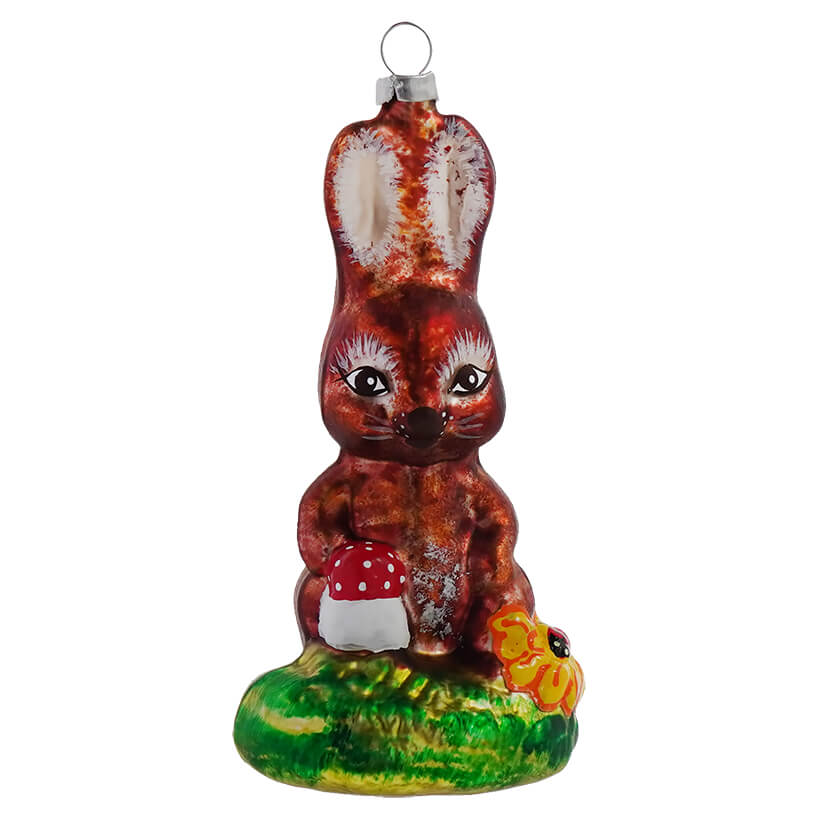 Brown Bunny With Mushroom & Ladybug Ornament